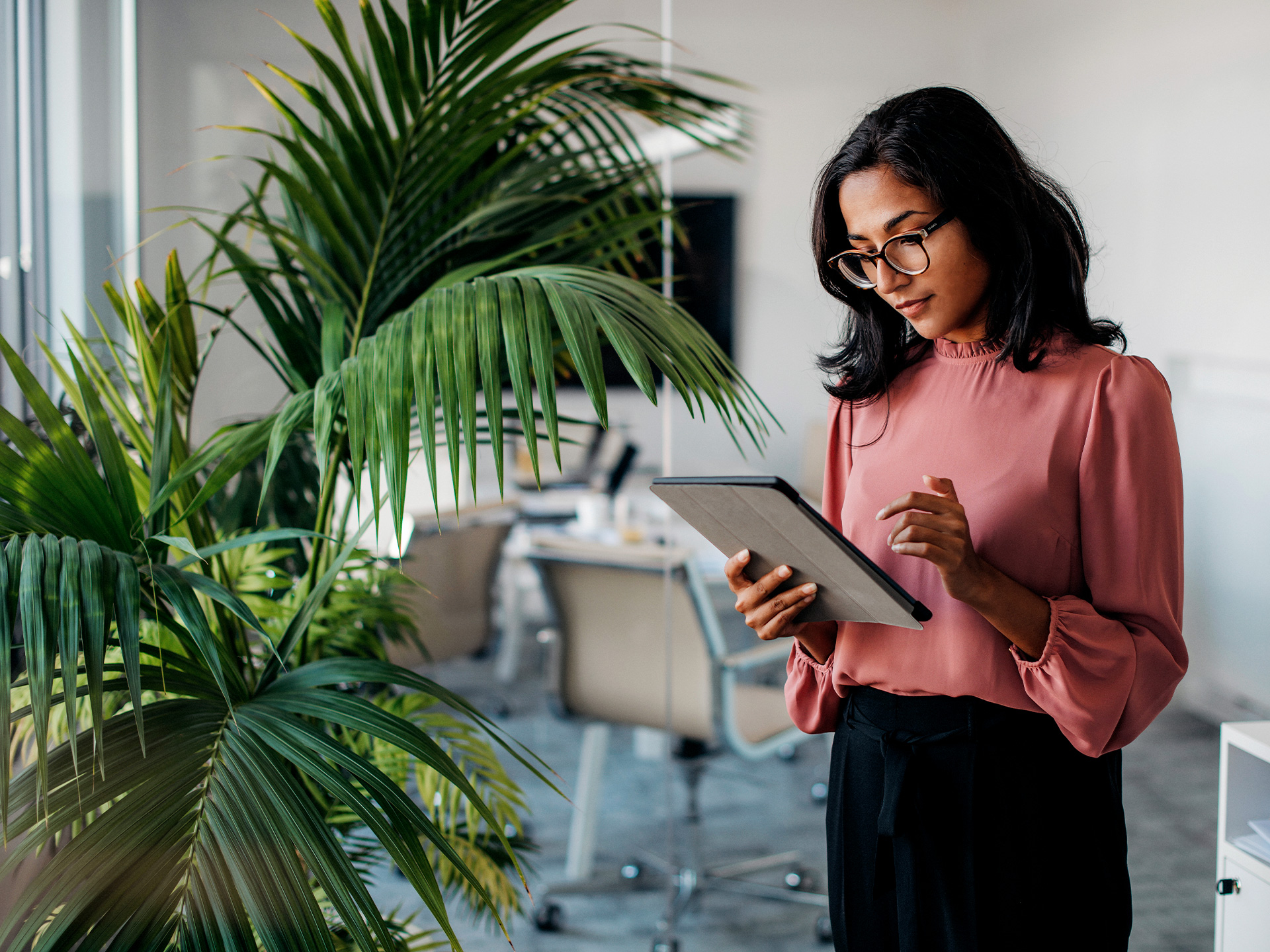 Person standing and using tablet near plant in office workspace