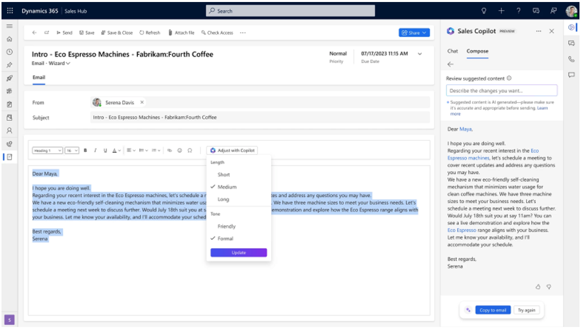 Copilot en Microsoft Dynamics 365 Sales e-mail ondersteuning