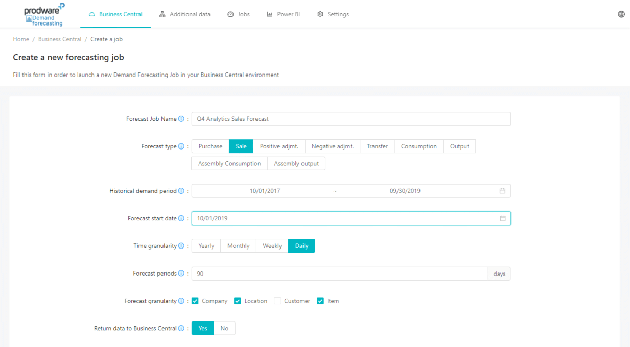 Maak een nieuwe forecasting taak in Dynamics 365 Business Central