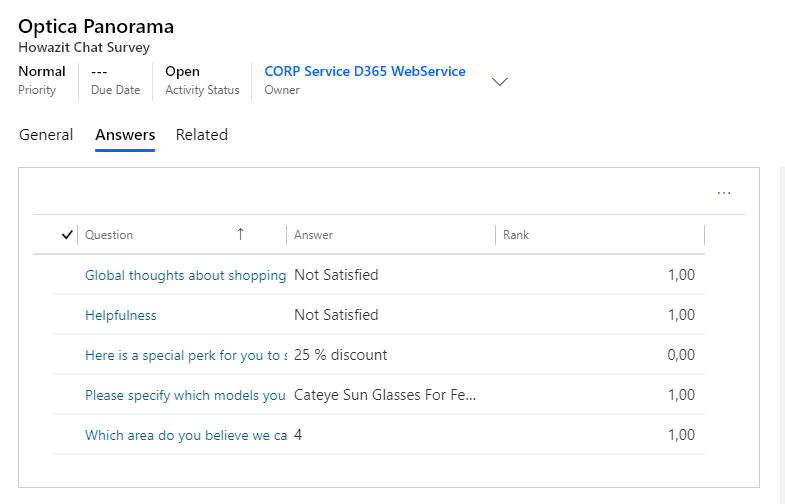 Howazit survey answers in Dynamics 365