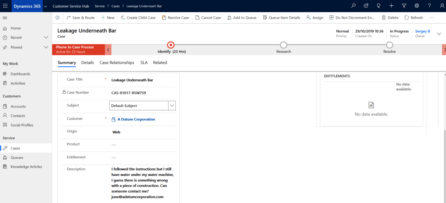 Product issue case is created in Microsoft Dynamics 365