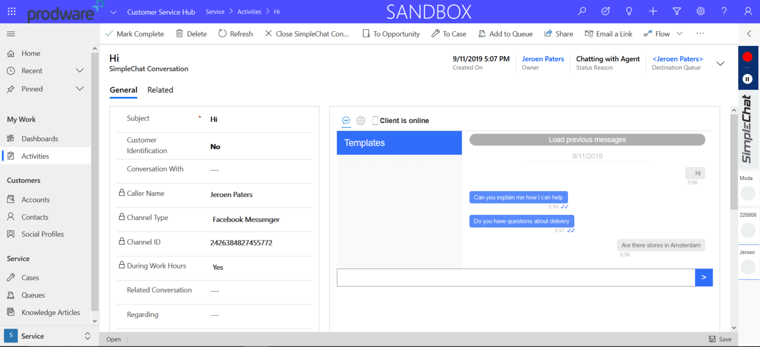 The agent view of a Facebook Messenger conversation from inside Dynamics 365 using guided templates