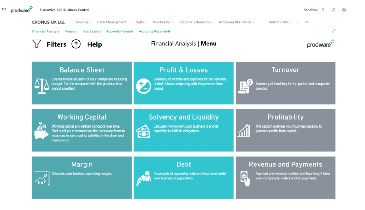 Power BI for Microsoft Dynamics 365 Business Central home menu