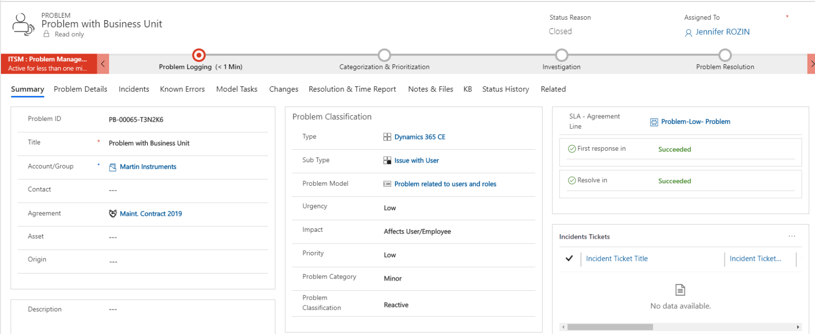 ITSM Problem categorization and prioritization with applied SLA