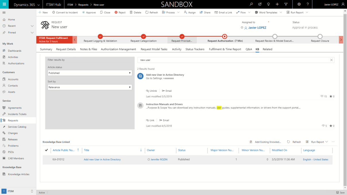 ITSM Searching Knowledge Base (KB) in Request review