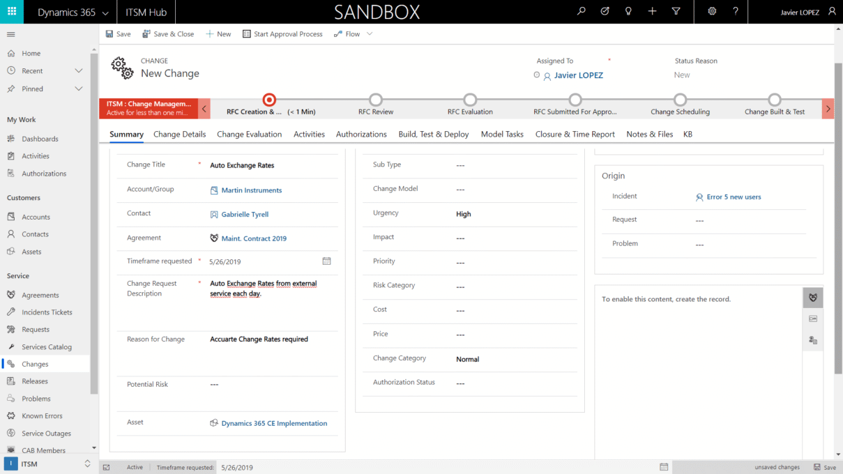 ITSM Logging a change request