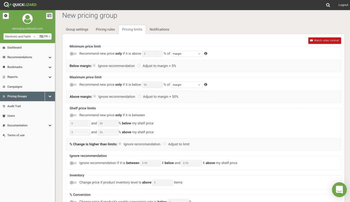 Quicklizard pricing limits