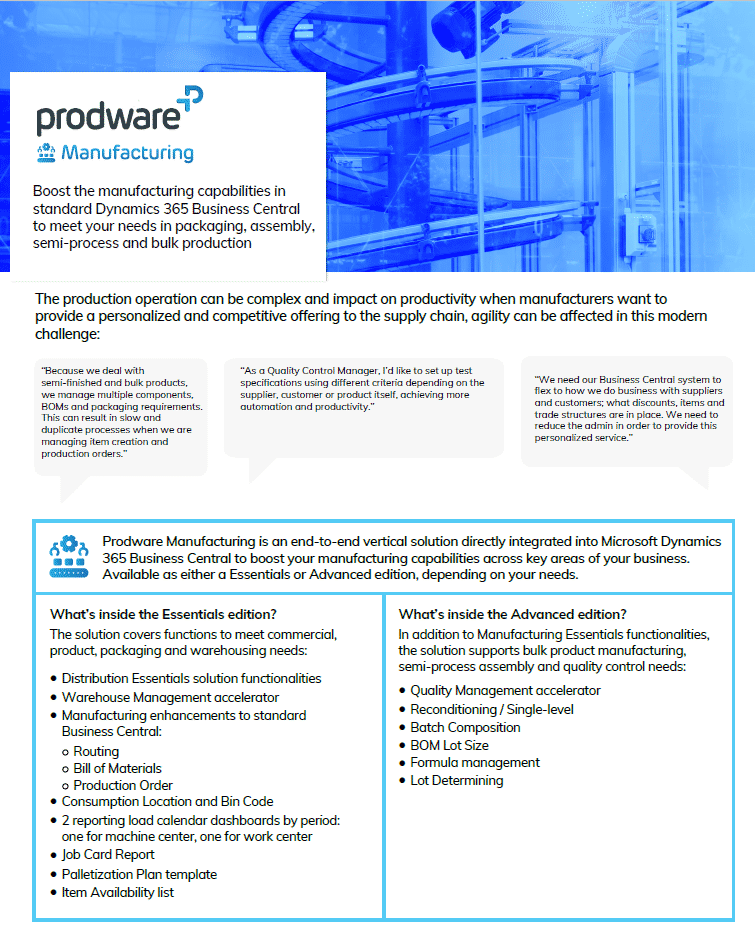 Manufacturing for Microsoft Dynamics 365 Business Central brochure cover