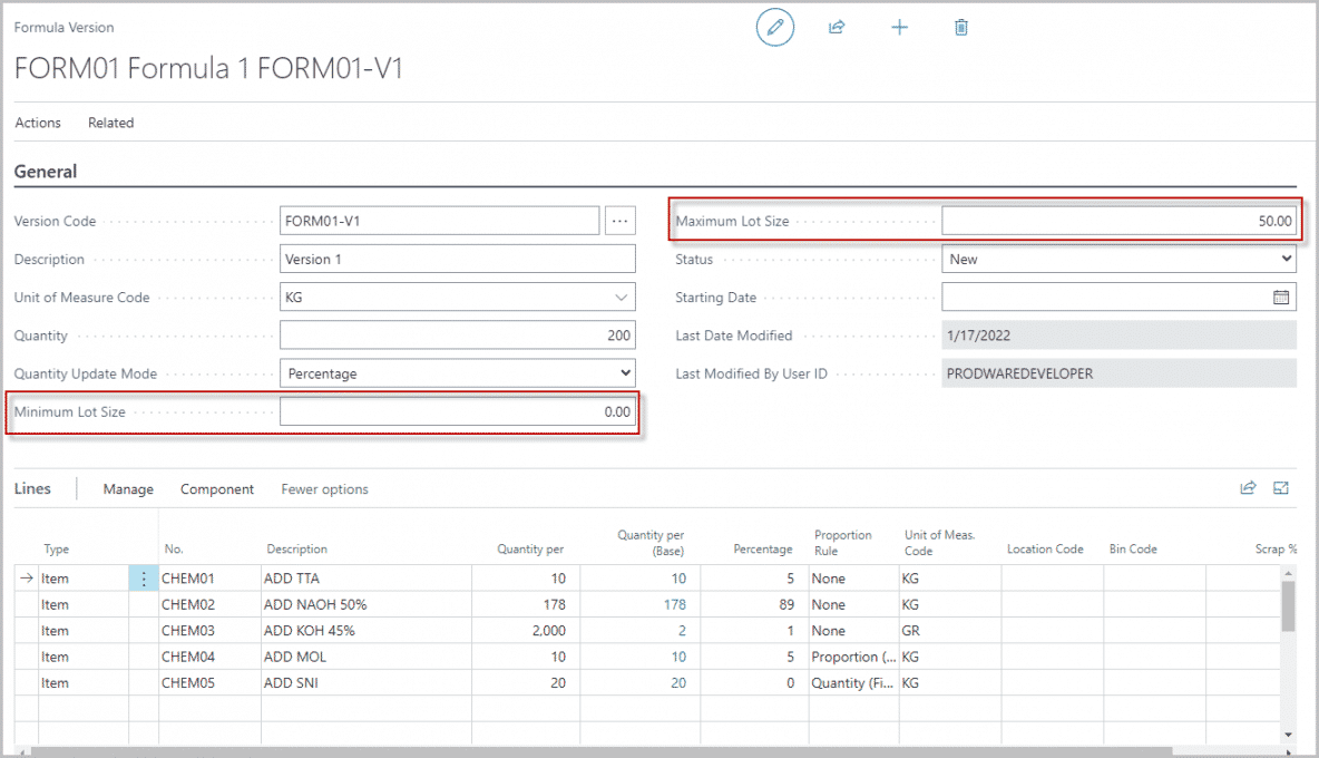 BOM lot size in Formula version screen