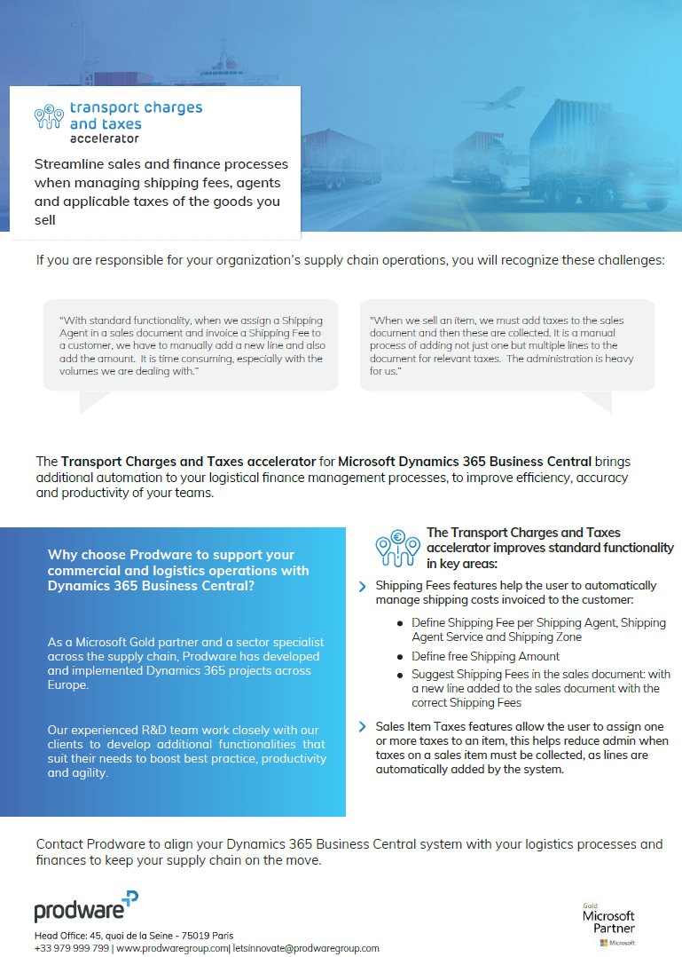 Transport Charges and Taxes accelerator for Dynamics 365 Business Centralbrochure thumbnail