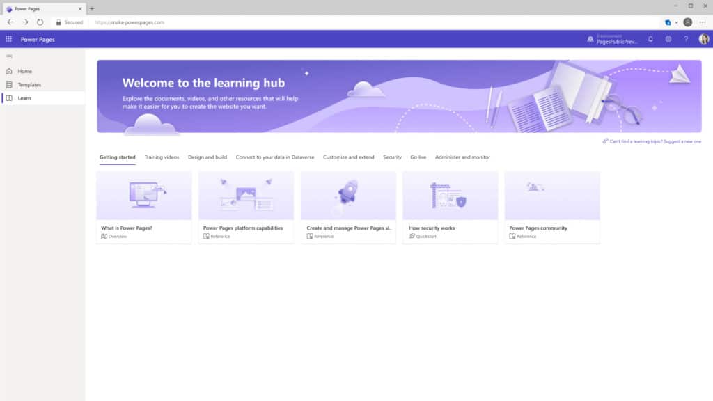 Power Pages Learn Hub capabilities