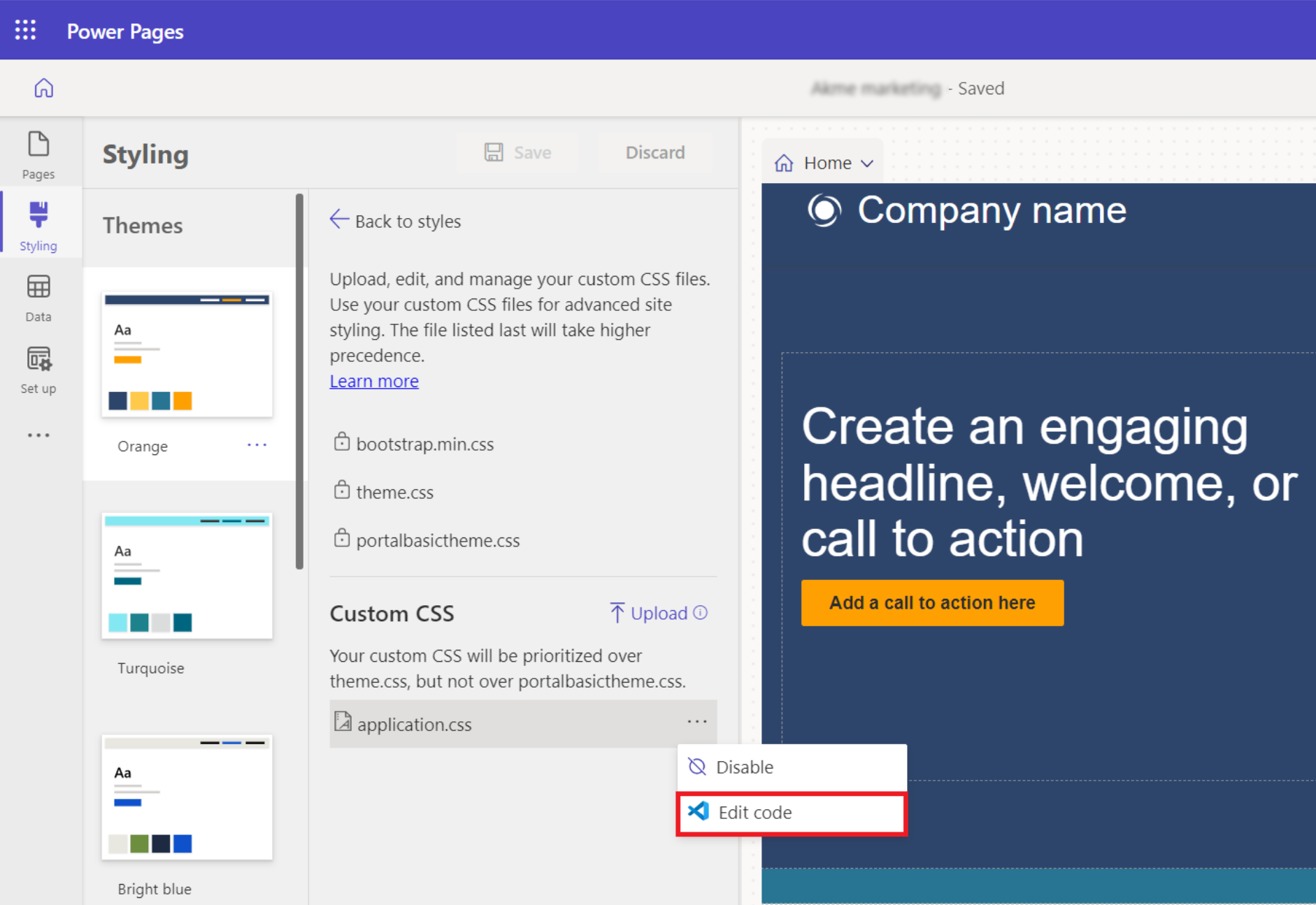 Power Pages edit code custom css