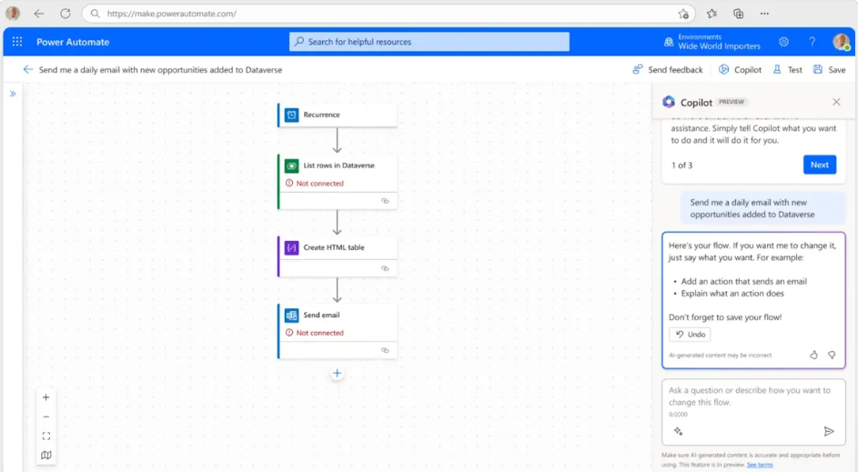 Copilot in Power Automate to help create workflows