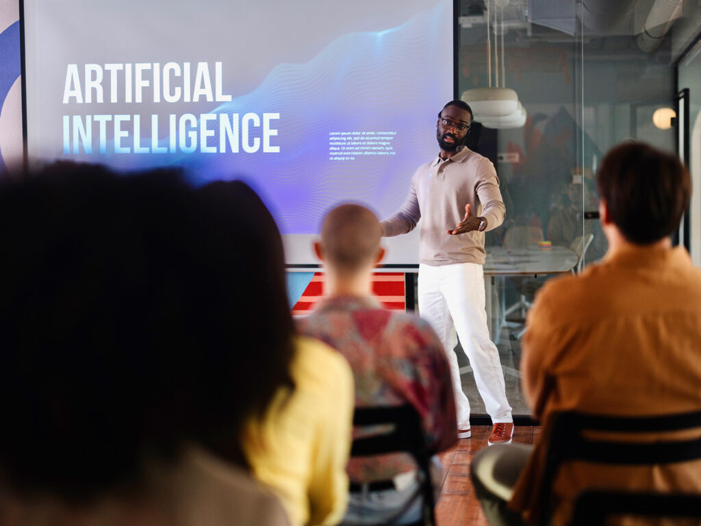 speaker presenting artificial intelligence concepts to audience in seminar